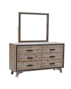 Dresser with 6 Storage Drawers in Solid Acacia With Mirror in Silver Brush Colour