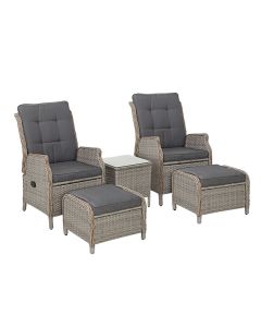 Gardeon 5PC Recliner Chairs Table Sun lounge Wicker Outdoor Furniture Adjustable Grey