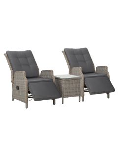 Gardeon 3PC Recliner Chairs Table Sun lounge Outdoor Furniture Wicker Adjustable Grey