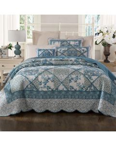 Blue Bouquet Cotton 100% Cotton Quilted 3 pcs Bedspread Coverlet Set King