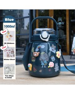 1000ml Large Water Bottle Stainless Steel Straw Water Jug with FREE Sticker Packs (Blue)