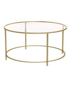 VASAGLE Round Coffee Table Glass Table with Steel Frame Gold