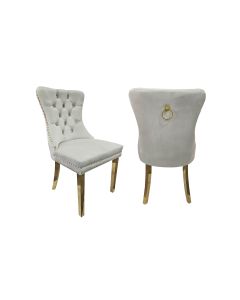 Set of 2 -Alsea Beige Velvet & Gold Polished Steel Dining Chairs Upholstered Tufted Stud Trim and Ring