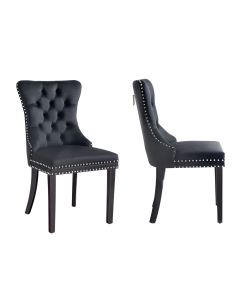 Set of 2 - Alsea Black Velvet & Black Rubberwood Dining Chairs Upholstered Tufted Stud Trim and Ring