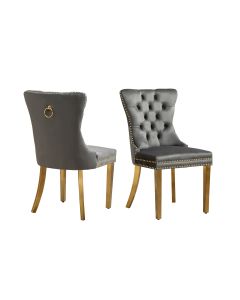 Set of 2 -Alsea Dark Grey Velvet & Gold Polished Steel Dining Chairs Upholstered Tufted Stud Trim and Ring