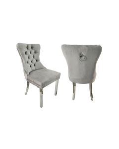 Set of 2 -Alsea Light Grey Velvet & Silver Polished Steel Dining Chairs Upholstered Tufted Stud Trim and Ring