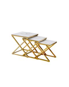 Bella Set of 3 Gold Side Table - White Marble