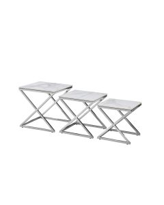 Bella Set of 3 Silver Side Table - White Marble