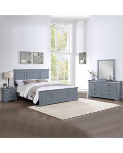 4 Pieces Bedroom Suite in Solid Wood & MDF King Size Grey Colour Bed, Bedside Table & Dresser