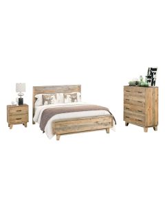 4 Pieces Bedroom Suite Double Size in Solid Wood Antique Design Light Brown Bed, Bedside Table & Tallboy