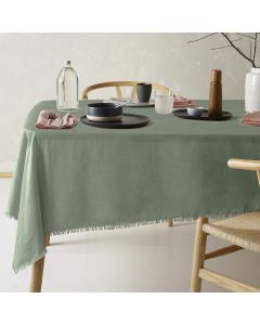 Vintage Design Homewares Gypsy Green Fringed Washed Linen Cotton Tablecloth 130cm x 180cm