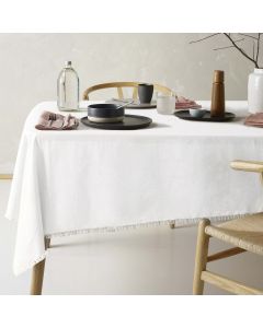 Vintage Design Homewares Gypsy White Fringed Washed Linen Cotton Tablecloth 130cm x 180cm