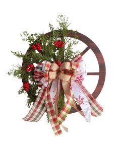 Christmas Red Wooden Wheel Wreath Front Door Hanging Garland Wall Decor(30*30cm)