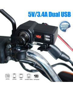 Motorcycle Handlebar Waterproof Dual USB Phone Charger Cigarette Lighter Socket