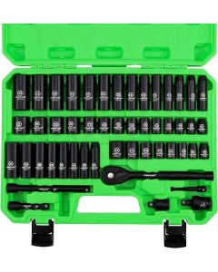 SWANLAKE 3/8" Drive Impact Socket Set, 50-Piece Standard SAE (5/16 to 3/4 inch) and Metric (8-22mm) Size, 6 Point, Cr-V, 3/8-Inch Ratchet Handle, Extension Bar, Universal Joint