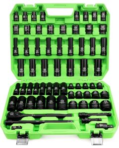 SWANLAKE 1/2" Drive Impact Socket Set, 66-Piece Standard SAE (3/8"-1-1/4") and Metric (8-24mm) Size, 6 Point, Cr-V, 1/2-Inch Drive Ratchet Handle, Drive Extension Bar, Impact Universal Joint