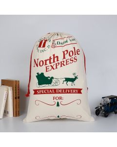 Large Christmas XMAS Hessian Santa Sack Stocking Bag Reindeer Children Gifts Bag, Cream - North Pole Express