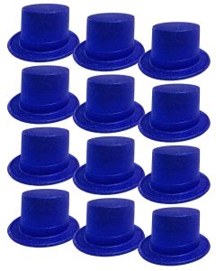 12x GLITTER TOP HAT Fancy Party Plastic Costume Tall Cap Fun Dress Up BULK - Blue