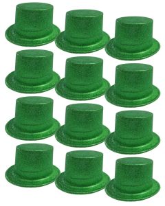 12x GLITTER TOP HAT Fancy Party Plastic Costume Tall Cap Fun Dress Up BULK - Green