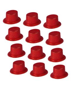 12x GLITTER TOP HAT Fancy Party Plastic Costume Tall Cap Fun Dress Up BULK - Red