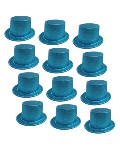 12x GLITTER TOP HAT Fancy Party Plastic Costume Tall Cap Fun Dress Up BULK - Sky Blue