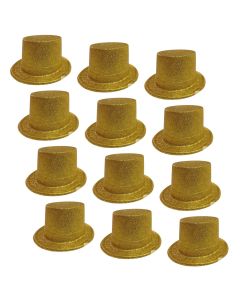 12x GLITTER TOP HAT Fancy Party Plastic Costume Tall Cap Fun Dress Up BULK - Yellow/Gold