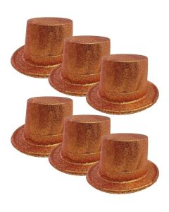 6x GLITTER TOP HAT Fancy Party Plastic Costume Tall Cap Fun Dress Up BULK - Orange - One Size