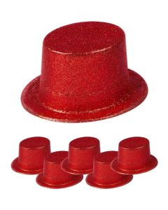 6x GLITTER TOP HAT Fancy Party Plastic Costume Tall Cap Fun Dress Up BULK - Red - One Size