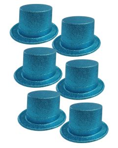 6x GLITTER TOP HAT Fancy Party Plastic Costume Tall Cap Fun Dress Up BULK - Sky Blue