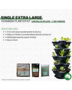 Single 5 Tier Extra Large Verandah Planter Garden Kit (Inc Coir, A & B Nutrient and Bardee Superfly Organic Booster) - Charcoal