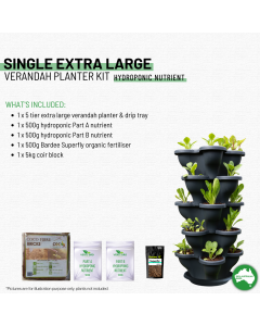 Single 5 Tier Extra Large Verandah Planter Garden Kit (Inc Coir, A & B Nutrient and Bardee Superfly Organic Booster) - Charcoal