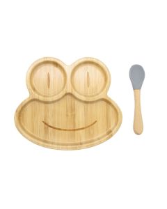 Bamboo Kids Children Baby Plate Bowl & Silicon Suction Cap Base & Spoon - Frog