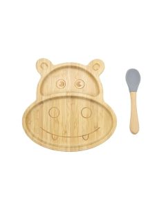 Bamboo Kids Children Baby Plate Bowl & Silicon Suction Cap Base & Spoon - Hippo