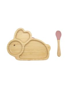 Bamboo Kids Children Baby Plate Bowl & Silicon Suction Cap Base & Spoon - Rabbit