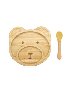 Bamboo Kid Child Baby Plate Bowl & Silicon Suction Cap Base & Spoon - Teddy Bear