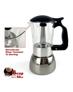 Borosilicate Glass Stainless Steel Moka Pot Coffee Maker Italian Espresso 6Cups