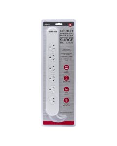 6 Outlet Powerboard With Surge Protection and Dual USB Charger 1M Lead Cable