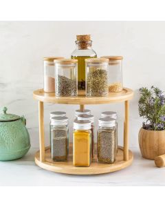 Lazy Susan 2 Tier Rotating Spice Rack Turnable Kitchen Shelf Bamboo Organiser