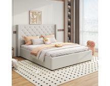 Veronica Bed Frame King Size Winged Grey Linen Fabric Seam Grid Pattern with gas lift plywood metal structure