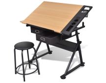 Two Drawers Tiltable Tabletop Drawing Table with Stool