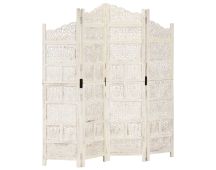 vidaXL Hand carved 4-Panel Room Divider White 160x165 cm Solid Mango Wood