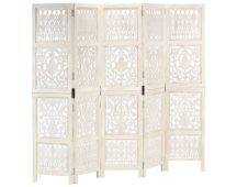 vidaXL Hand carved 5-Panel Room Divider White 200x165 cm Solid Mango Wood