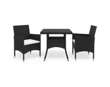 vidaXL 3 Piece Garden Dining Set Black Poly Rattan and Glass