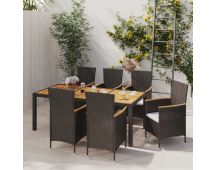 vidaXL 7 Piece Outdoor Dining Set with Cushions Poly Rattan Black