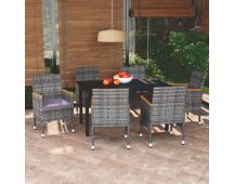 vidaXL 7 Piece Garden Dining Set with Cushions Poly Rattan Grey