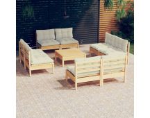 vidaXL 9 Piece Garden Lounge Set with Cream Cushions Pinewood