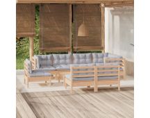 vidaXL 9 Piece Garden Lounge Set with Grey Cushions Solid Pinewood