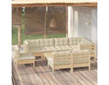 vidaXL 9 Piece Garden Lounge Set with Cream Cushions Solid Pinewood