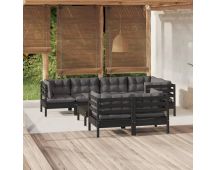 vidaXL 8 Piece Garden Lounge Set with Cushions Black Solid Pinewood