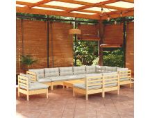 vidaXL 11 Piece Garden Lounge Set with Cream Cushions Solid Pinewood